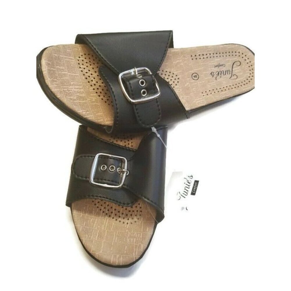 Buckle Black Slide Sandals with Silver Buckles